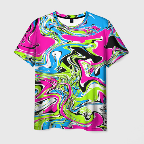 Мужская футболка с принтом Абстрактные мраморные разводы в ярких цветах. Поп арт, вид спереди №1