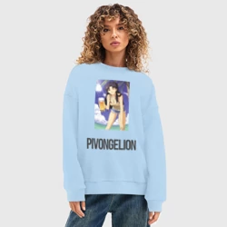Женский свитшот oversize без начеса хлопок Пивонгелион - Мисато с кружкой пива на пляже под пальмой - фото 2