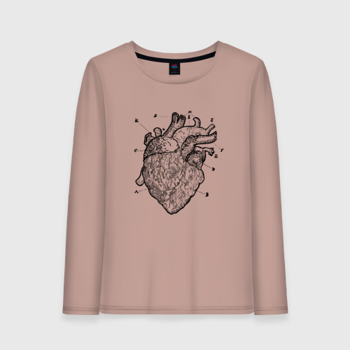 Женский лонгслив хлопок Анатомический рисунок сердца, цвет пыльно-розовый