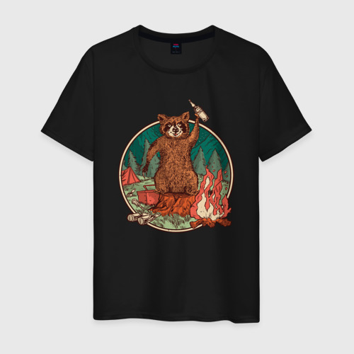 Мужская футболка хлопок Винтажный енот на отдыхе Camping Raccoon, цвет черный