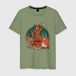 Мужская футболка хлопок Винтажный енот на отдыхе Camping Raccoon