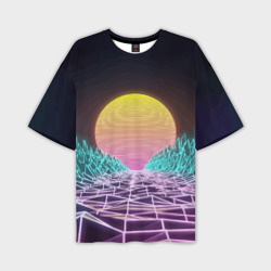 Мужская футболка oversize 3D Vaporwave Закат солнца в горах Neon