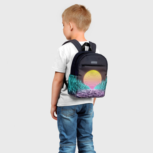 Детский рюкзак 3D с принтом Vaporwave / Закат солнца в горах / Neon, фото на моделе #1