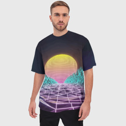 Мужская футболка oversize 3D Vaporwave Закат солнца в горах Neon - фото 2