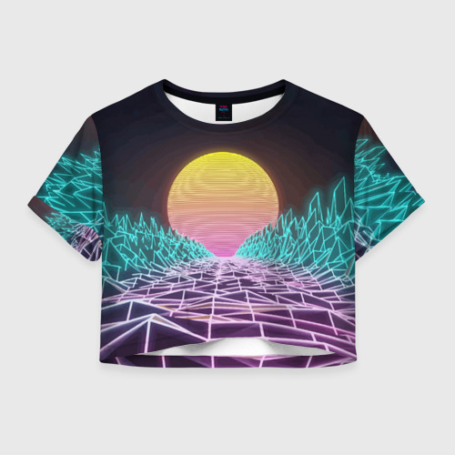 Женская футболка Crop-top 3D Vaporwave Закат солнца в горах Neon, цвет 3D печать