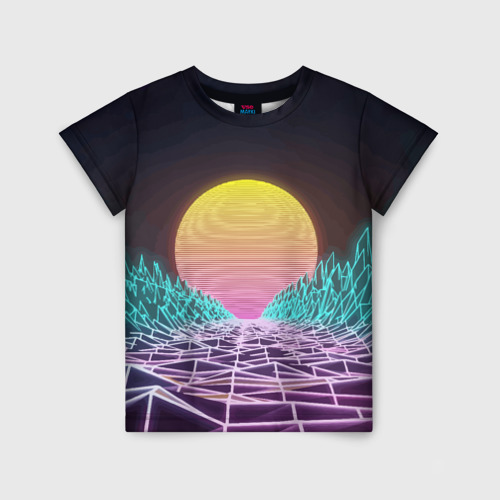 Детская футболка 3D Vaporwave Закат солнца в горах Neon, цвет 3D печать