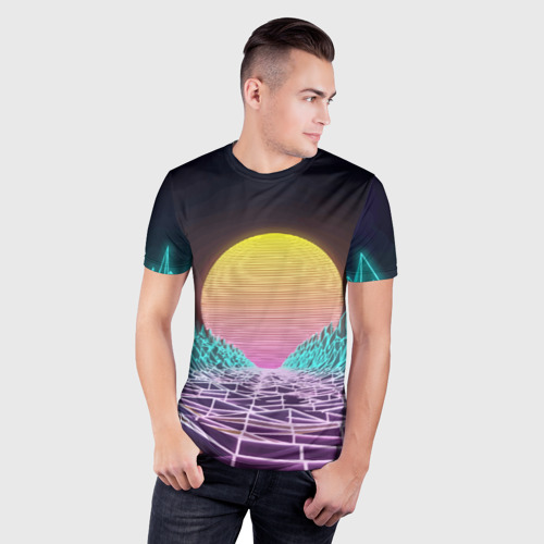 Мужская футболка 3D Slim Vaporwave Закат солнца в горах Neon, цвет 3D печать - фото 3