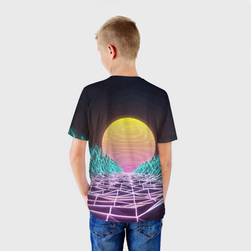 Детская футболка 3D Vaporwave Закат солнца в горах Neon, цвет 3D печать - фото 4