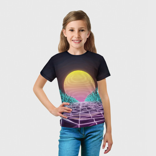 Детская футболка 3D Vaporwave Закат солнца в горах Neon, цвет 3D печать - фото 5