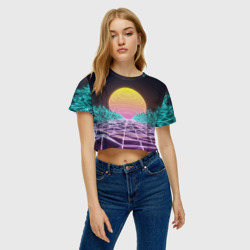 Женская футболка Crop-top 3D Vaporwave Закат солнца в горах Neon - фото 2