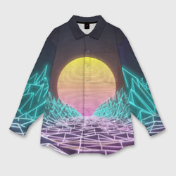 Женская рубашка oversize 3D Vaporwave Закат солнца в горах Neon