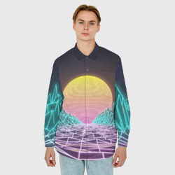 Мужская рубашка oversize 3D Vaporwave Закат солнца в горах Neon - фото 2