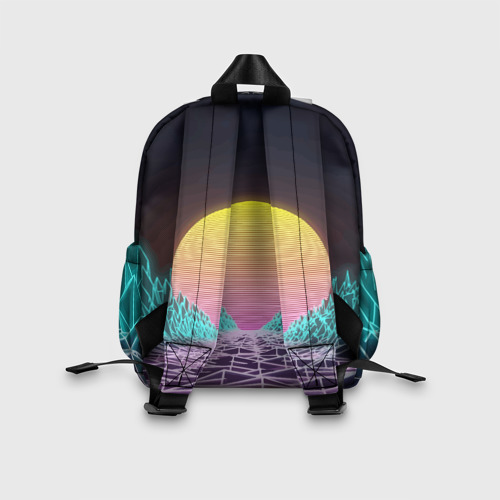 Детский рюкзак 3D с принтом Vaporwave / Закат солнца в горах / Neon, вид сзади #2