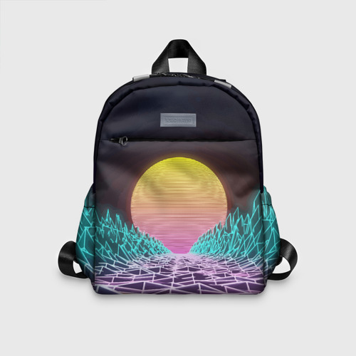 Детский рюкзак 3D с принтом Vaporwave / Закат солнца в горах / Neon, вид спереди #2
