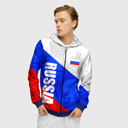Мужская толстовка 3D на молнии Russia - sportwear - триколор, цвет синий - фото 3