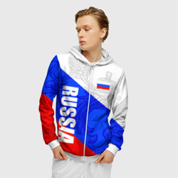 Толстовка с принтом Russia — sportwear — триколор для мужчины, вид на модели спереди №2. Цвет основы: белый