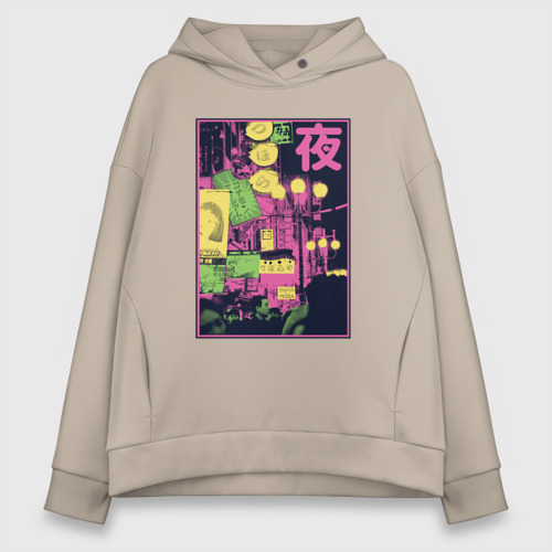 Женское худи Oversize хлопок Vaporwave Japanese City Японский город, цвет миндальный