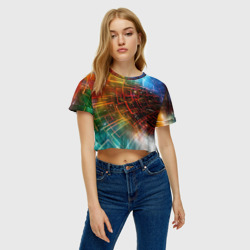 Женская футболка Crop-top 3D Portal - Neon Space - туннель из энергетических панелей - фото 2