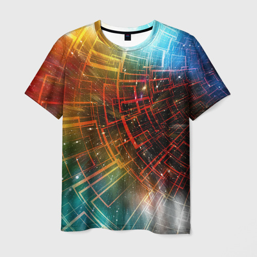 Мужская футболка с принтом Portal - Neon Space - туннель из энергетических панелей, вид спереди №1