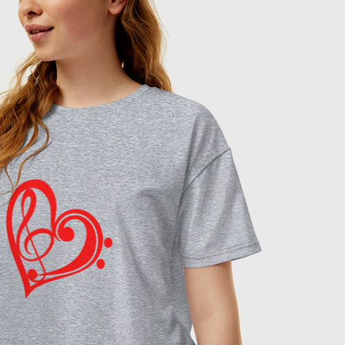 Женская футболка хлопок Oversize с принтом Скрипичный и Басовый Ключи Красные в Сердце, фото на моделе #1