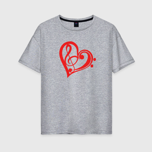 Женская футболка хлопок Oversize с принтом Скрипичный и Басовый Ключи Красные в Сердце, вид спереди #2
