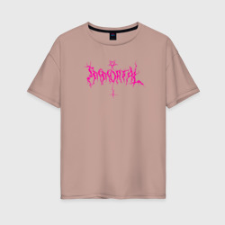 Женская футболка хлопок Oversize Immortal, розовый готический текст с пентаграммой и крестом