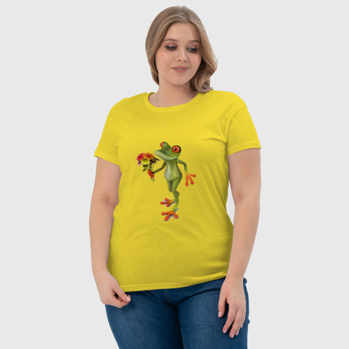Женская футболка хлопок с принтом ЛЯГУШОНОК С БУКЕТОМ ЦВЕТОВ, фото #4