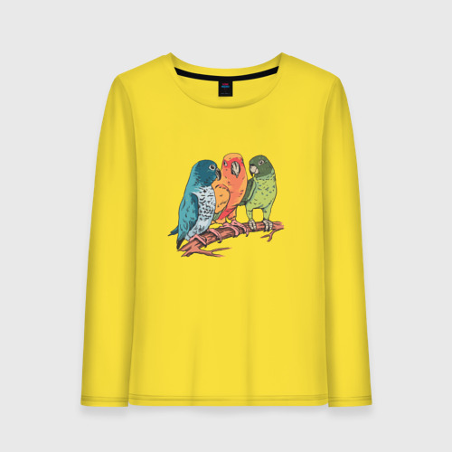 Женский лонгслив хлопок с принтом Три волнистых попугая на ветке, вид спереди #2