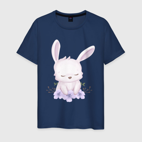 Мужская футболка хлопок Милый Крольчонок С Цветочками, цвет темно-синий