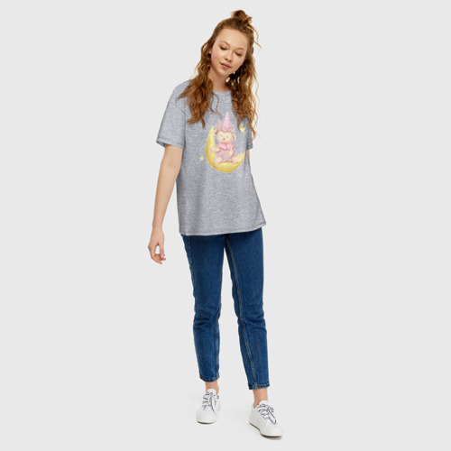 Женская футболка хлопок Oversize с принтом Милая Овечка Сидит На Месяце, вид сбоку #3