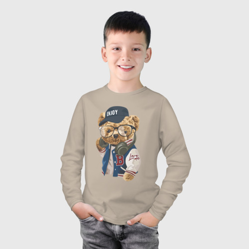 Детский лонгслив хлопок с принтом Прикольный мишутка / Enjoy, фото на моделе #1