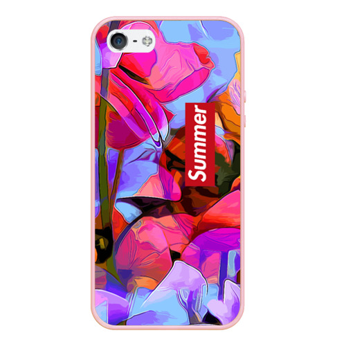 Чехол для iPhone 5/5S матовый Красочный летний цветочный паттерн Summer color pattern, цвет светло-розовый