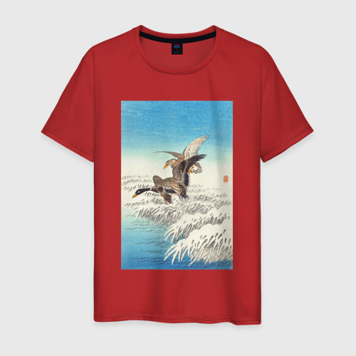 Мужская футболка хлопок Pair of Ducks Flying Over Snowy Reed Collar, цвет красный