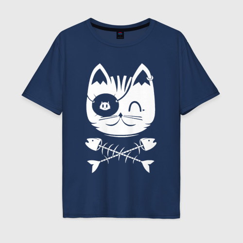 Мужская футболка хлопок Oversize Голова кота Skull Hype, цвет темно-синий