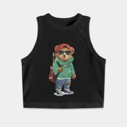 Женская укороченная майка-топ хлопок Прикольный мишутка гитарист - Cool bear guitarist