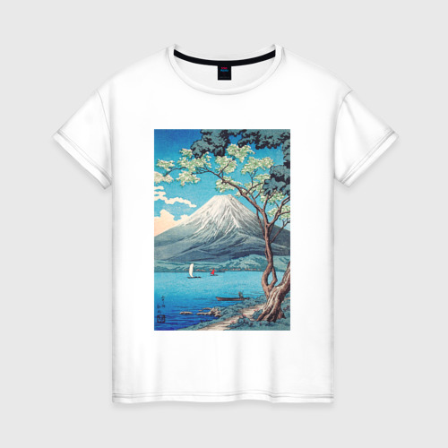 Женская футболка хлопок Mount Fuji from Lake Yamanaka Гора Фудзи, цвет белый