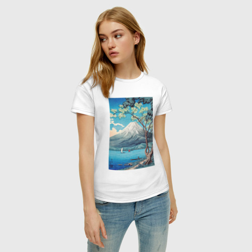 Женская футболка хлопок Mount Fuji from Lake Yamanaka Гора Фудзи, цвет белый - фото 3