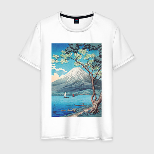 Мужская футболка из хлопка с принтом Mount Fuji from Lake Yamanaka Гора Фудзи, вид спереди №1