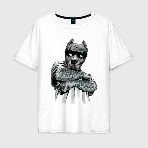 Мужская футболка оверсайз из хлопка с принтом Family warrior Pit bull Семейный воин Питбуль, вид спереди №1