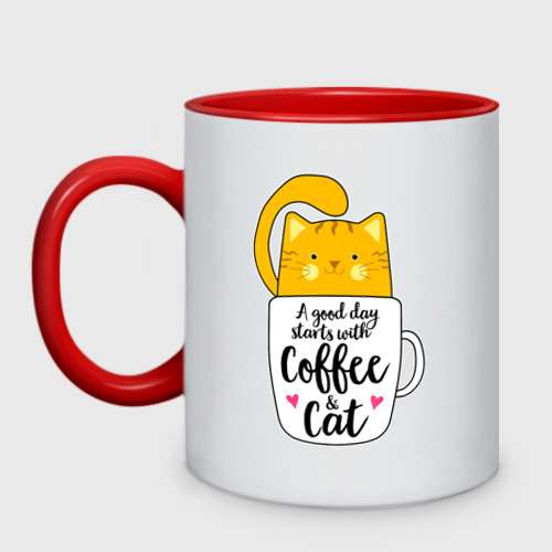 Кружка двухцветная Хорошее утро начинается с кофе и кошек, цвет белый + красный