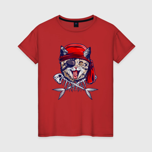 Женская футболка хлопок Кот пират и рыбьи кости, цвет красный