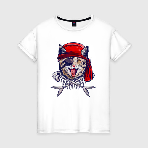 Женская футболка из хлопка с принтом Кот пират и рыбьи кости, вид спереди №1