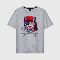 Женская футболка хлопок Oversize Кот пират и рыбьи кости