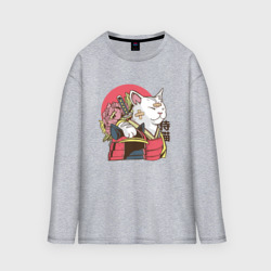 Мужской лонгслив oversize хлопок Котик Самурай Samurai Cat Japanese art