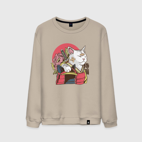 Мужской свитшот хлопок Котик Самурай Samurai Cat Japanese art, цвет миндальный