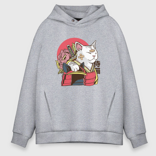 Мужское худи Oversize хлопок Котик Самурай Samurai Cat Japanese art, цвет меланж