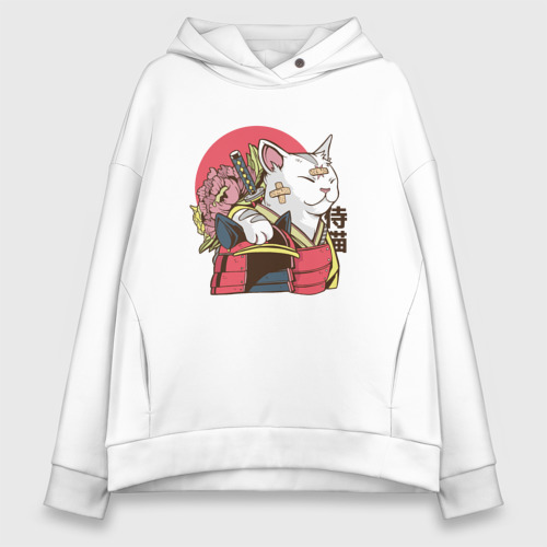 Женское худи Oversize хлопок Котик Самурай Samurai Cat Japanese art, цвет белый