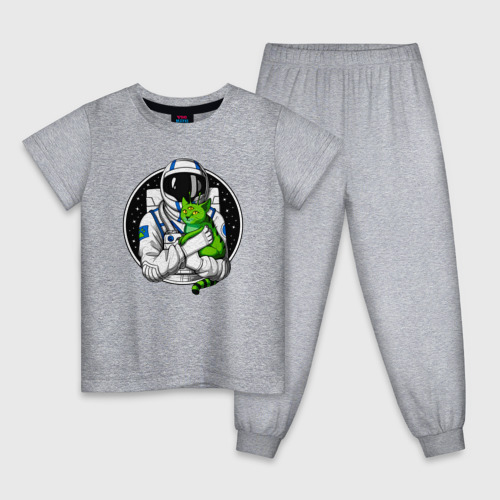 Детская пижама хлопок Космонавт с инопланетным котом, цвет меланж