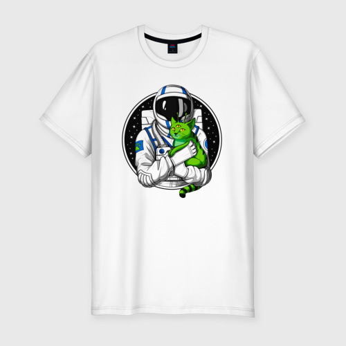 Мужская футболка приталенная из хлопка с принтом Космонавт с инопланетным котом, вид спереди №1