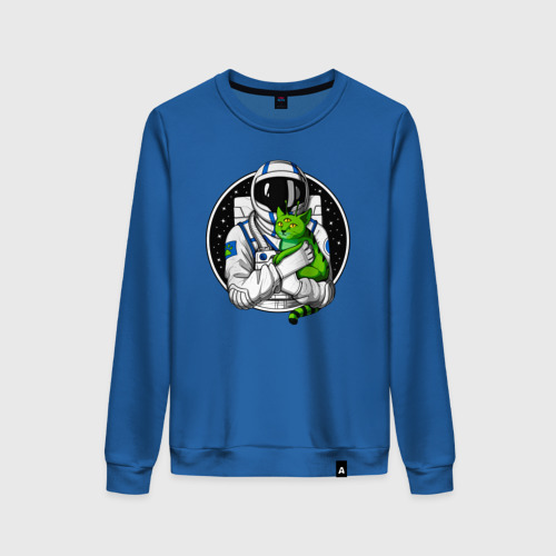 Женский свитшот хлопок Космонавт с инопланетным котом, цвет синий